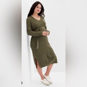 GAP Olive Ribbed V-Neck Long Sleeve Belted Knit Dress